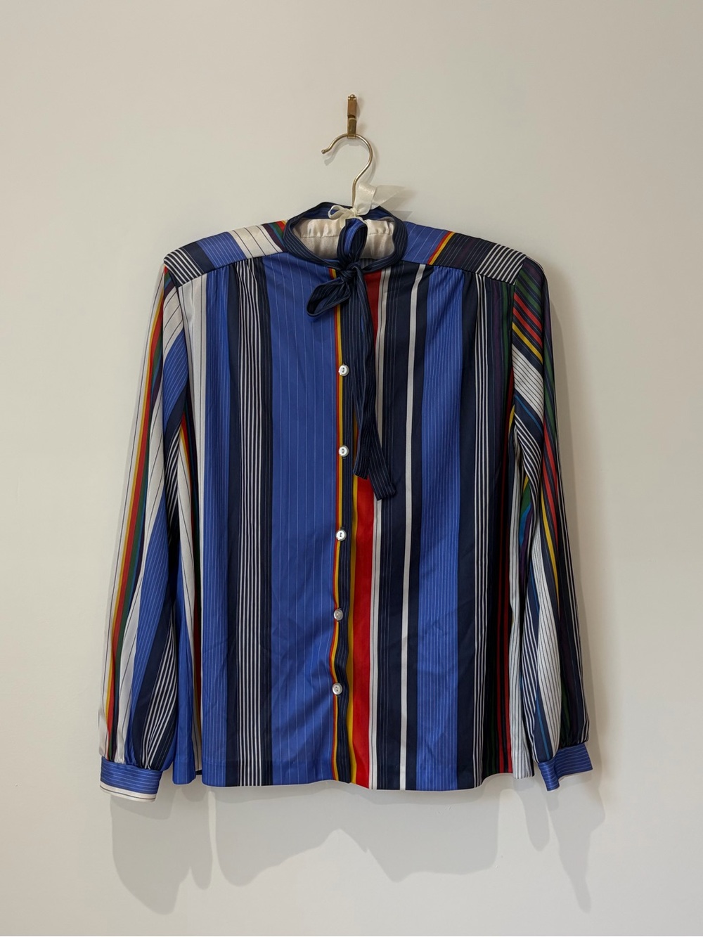Vintage Rainbow Stripe Button Down Blouse with Neck Tie